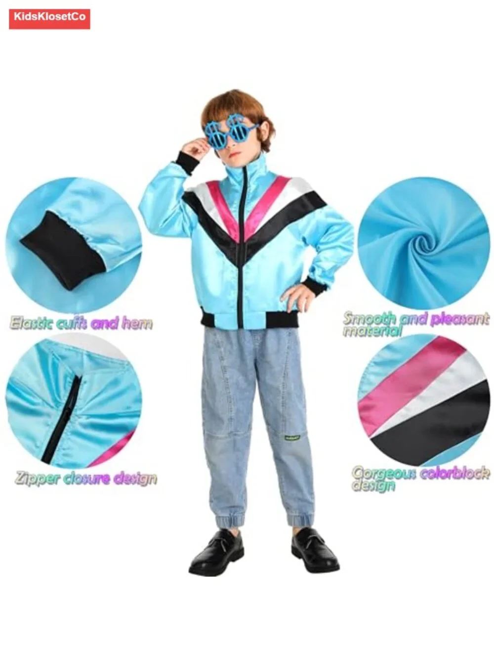 Kids 80s Retro Windbreaker Tracksuit Top Costume with Glasses